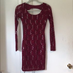 Open back wine burgundy sparkle lace dress